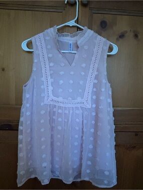 Trendy boutique Pale Pink Swiss Dot Lace-Trim Sleeveless Blouse.